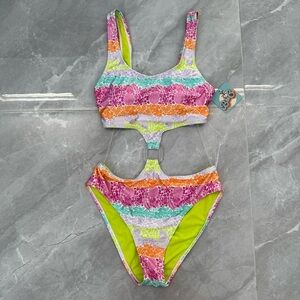 Women’s Blu C One Piece Cut Out Bikini Swimsuit Pineapple Floral Size Medium